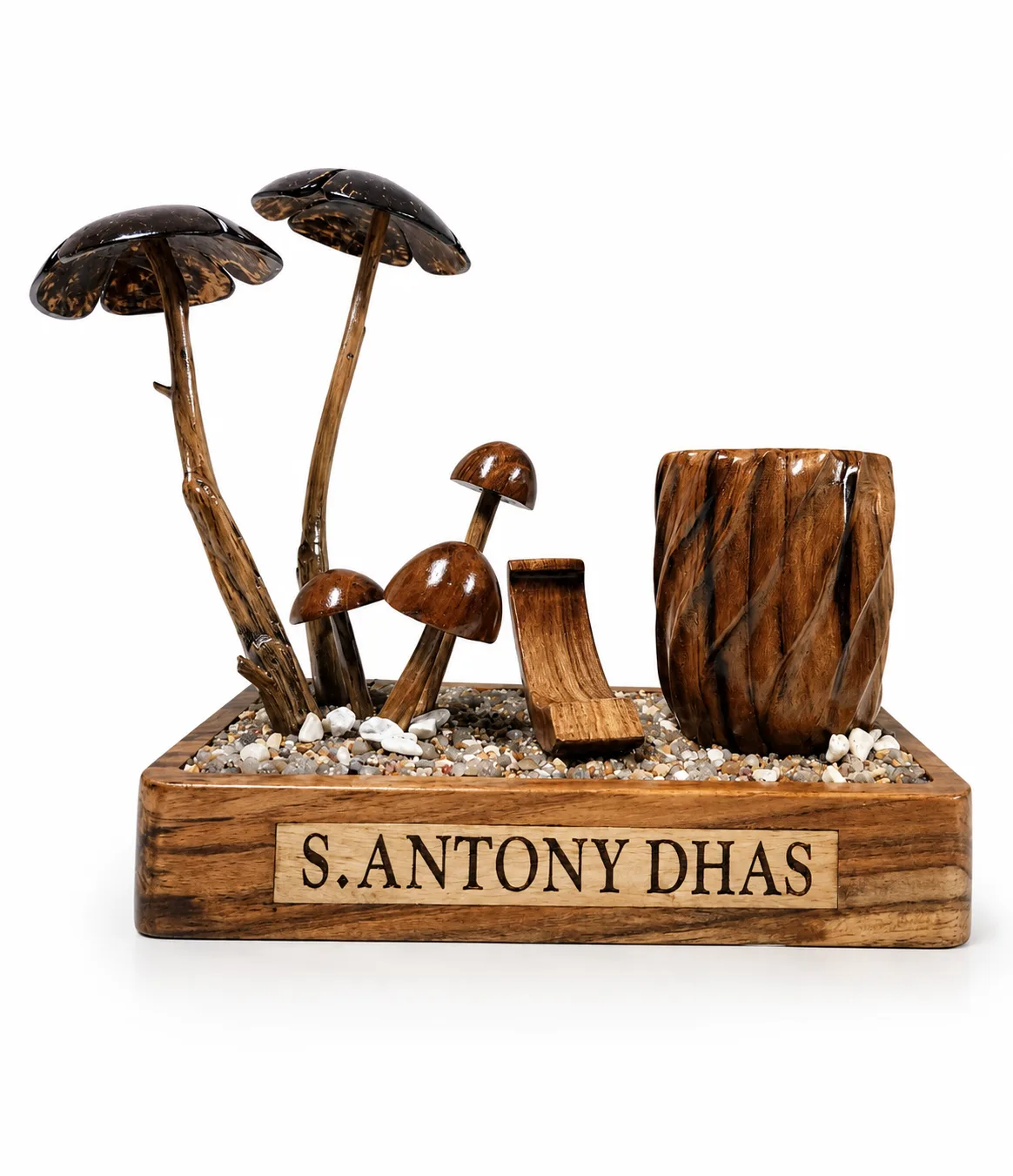 Wooden Mushroom-Themed Pen Stand & Desk Decor